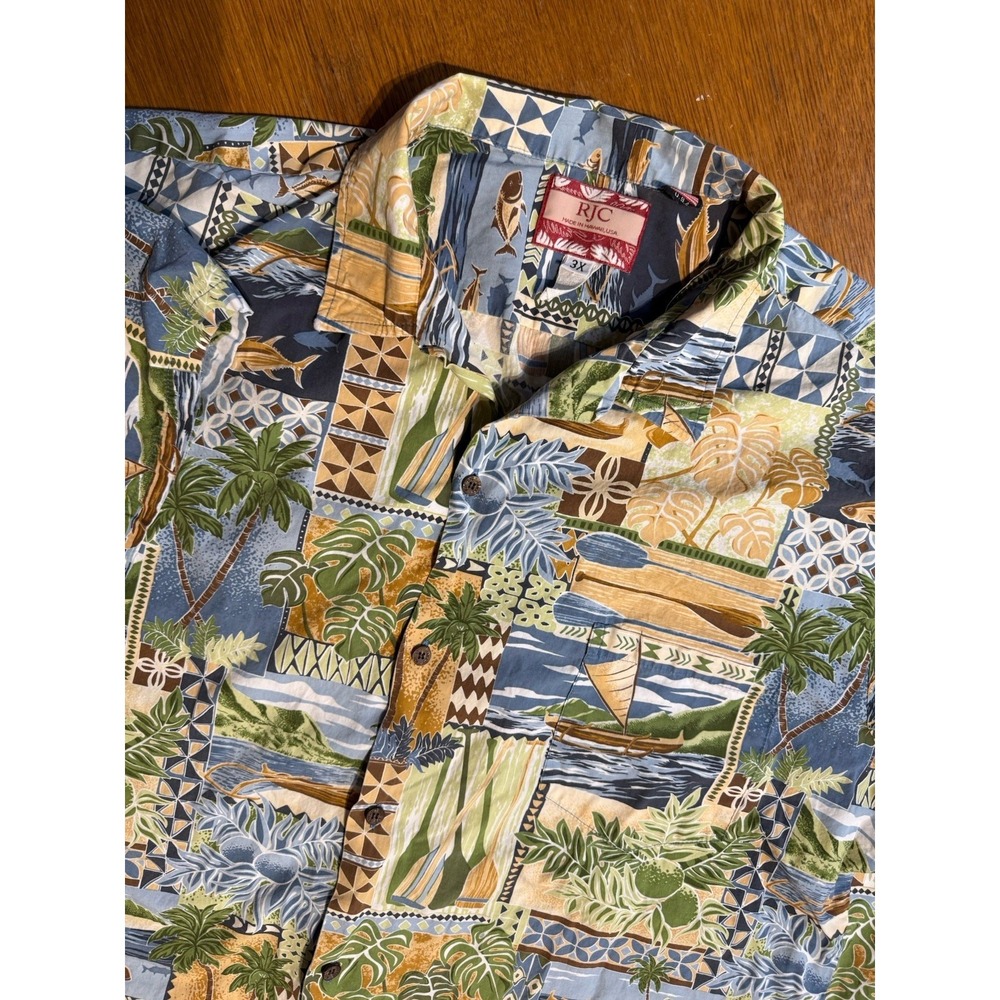 RJC Hawaiian Shirt Mens 3X Canoe Fish Scenic Aloha‎ Made Hawaii USA Cotton